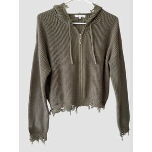 Women’s Knit Hoodie Sweatshirt By Hooked Up Full Zip Green Sz Med Distressed